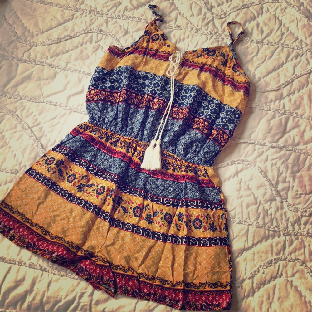 Romper with Floral Prints and Tassel Drawstrings